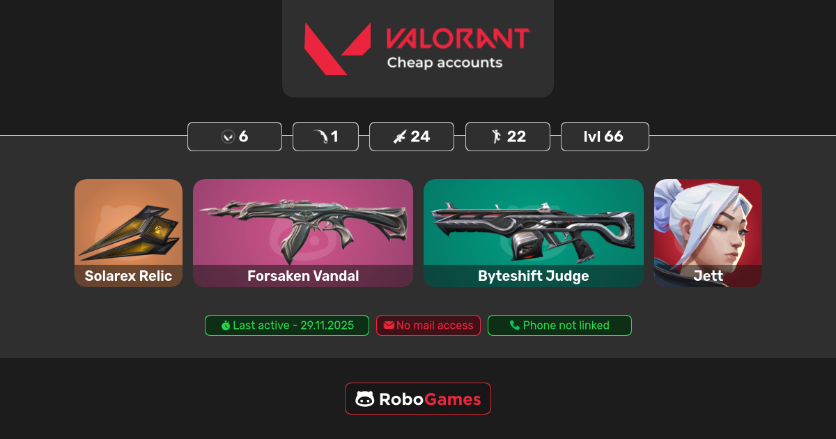 Buy Valorant account: 24 skins (Forsaken Vandal, Byteshift Judge), 22 ...