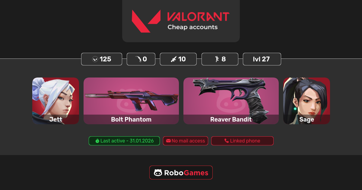 Buy Valorant account: 10 skins (Bolt Phantom, Reaver Bandit), 8 agents ...