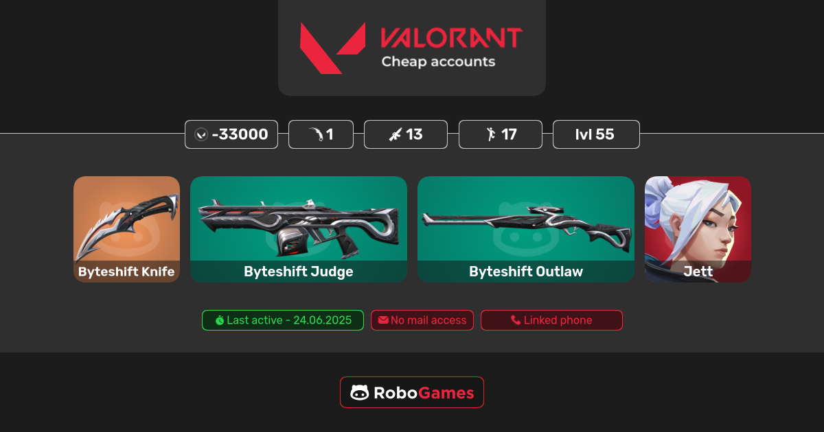 Buy Valorant account: 13 skins (Byteshift Judge, Byteshift Outlaw), 17 ...