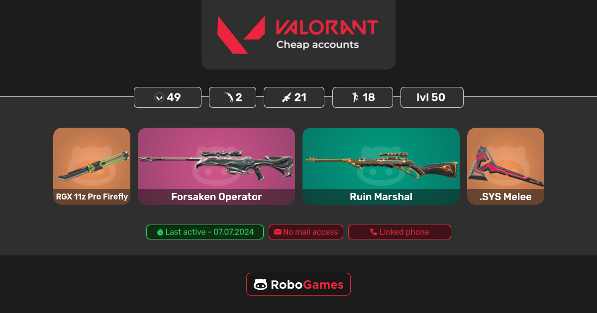 Buy Valorant account: 21 skins (Forsaken Operator, Ruin Marshal), 18 ...